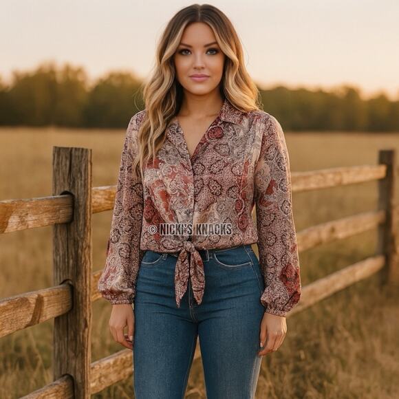 Eclair Satin Western Paisley Print Puff Sleeve Tie Front Blouse Plum Size S - Picture 1 of 10